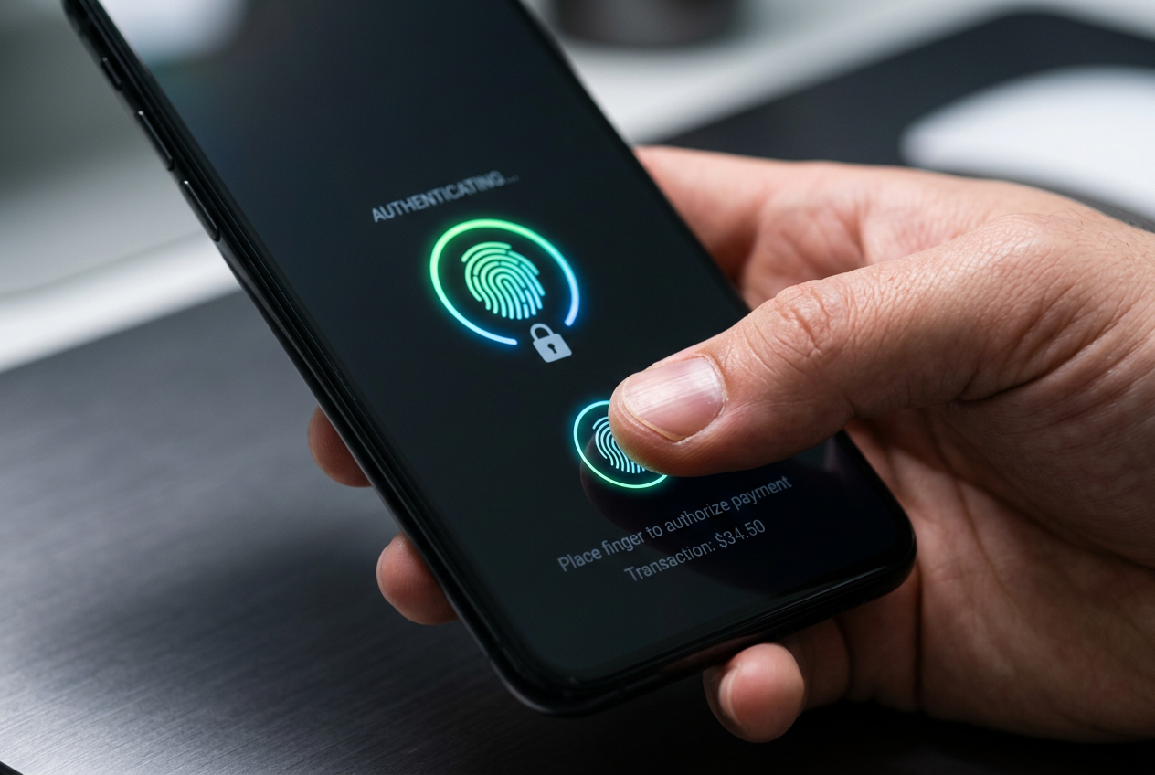 A close-up of a user using a fingerprint scanner on a mobile phone for security.