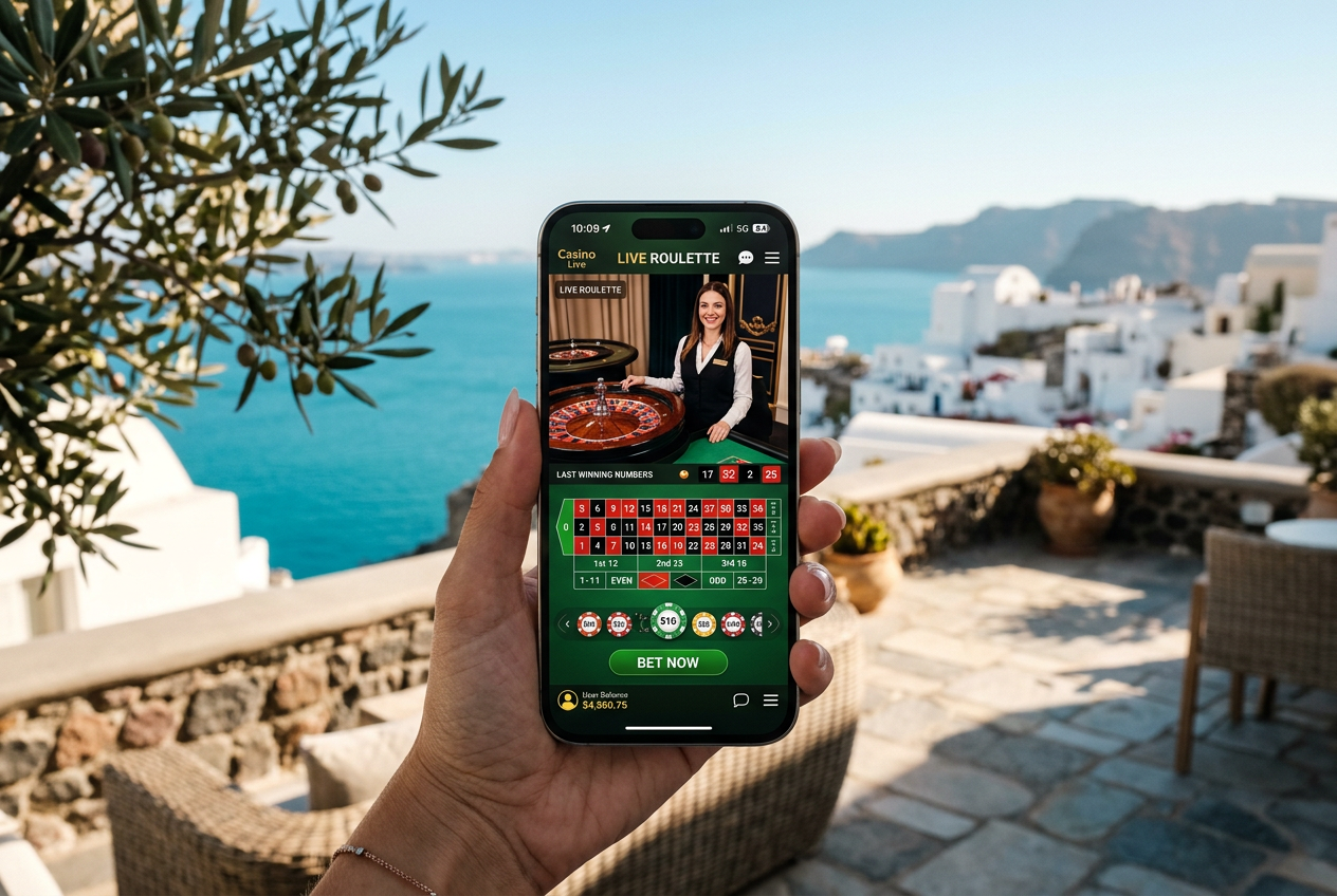 A smartphone displaying a live casino interface in a Greek setting.